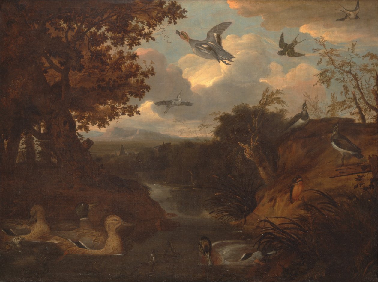 Enten und andere Vögel an einem Bach in einer italienischen Landschaft von Francis Barlow