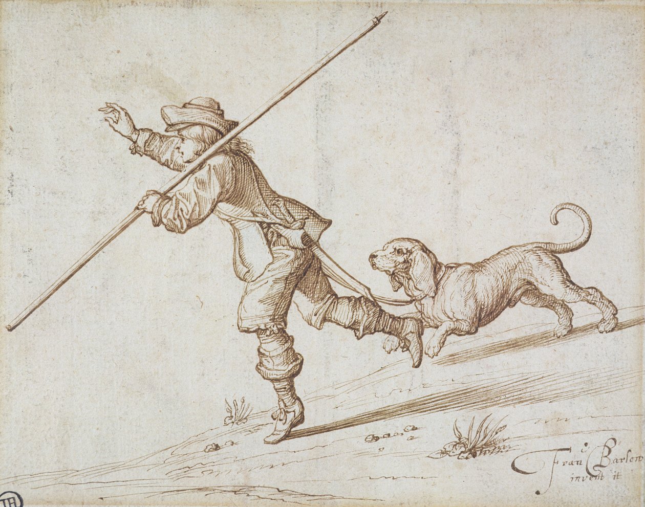 Mann jagt mit einem spitzen Stab und einem Hund (Feder und braune Tinte auf Papier) von Francis Barlow
