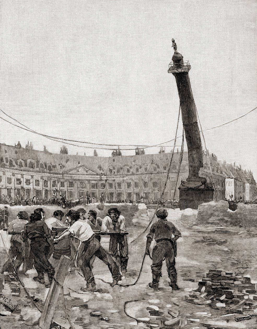 Der Abriss der Vendôme-Säule während der Pariser Kommune, Paris, Frankreich im Jahr 1871, aus The Century Illustrated Monthly Magazine, veröffentlicht 1884 von Francis Coates Jones