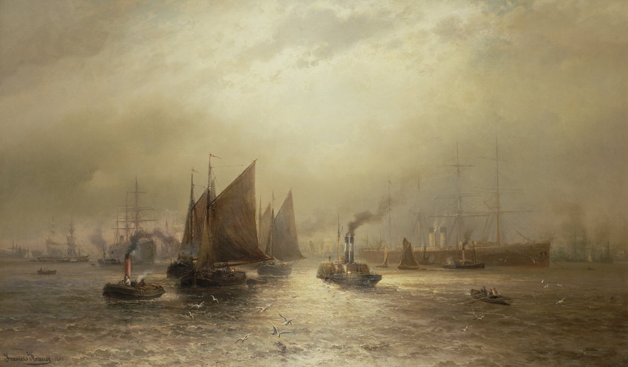 Ein geschäftiger Morgen am Fluss Mersey, 1891 von Francis Krause
