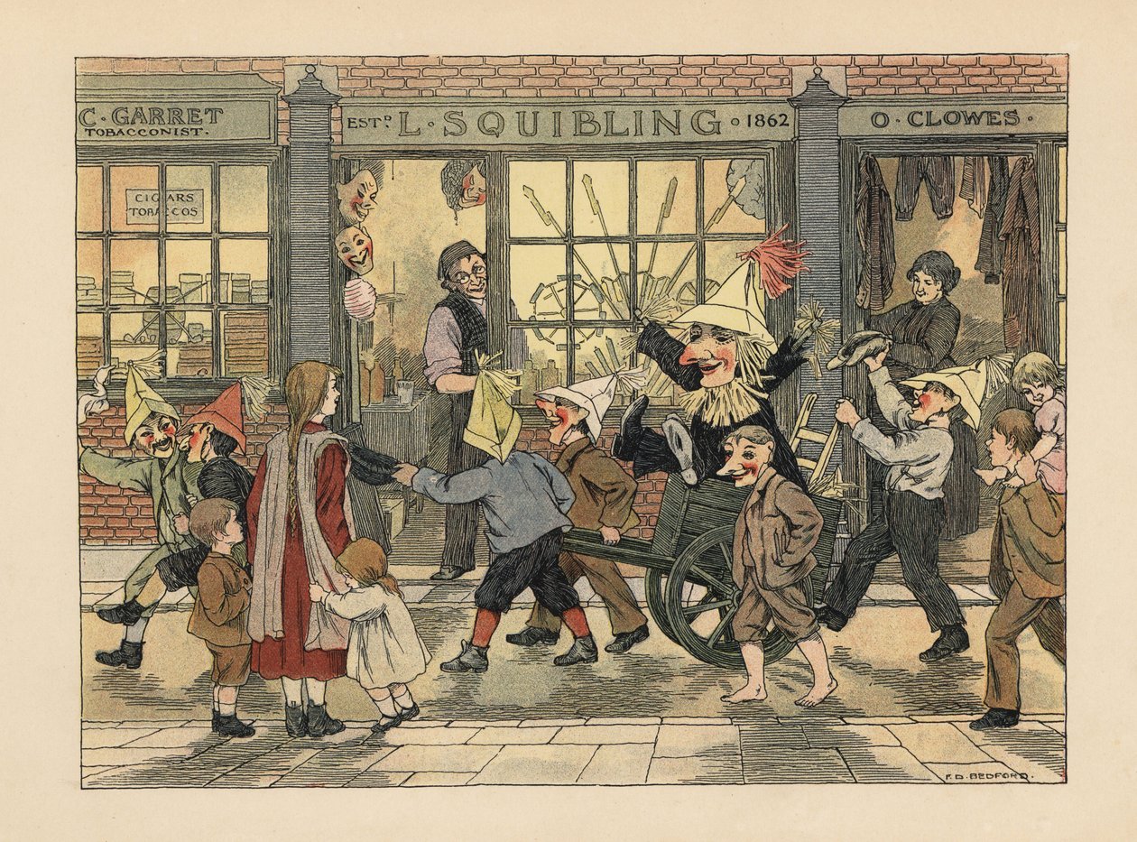 Feuerwerksladen - Viktorianische Kinder ziehen einen Guy in einem Karren an Guy Fawkes Nacht vor L. Squibling