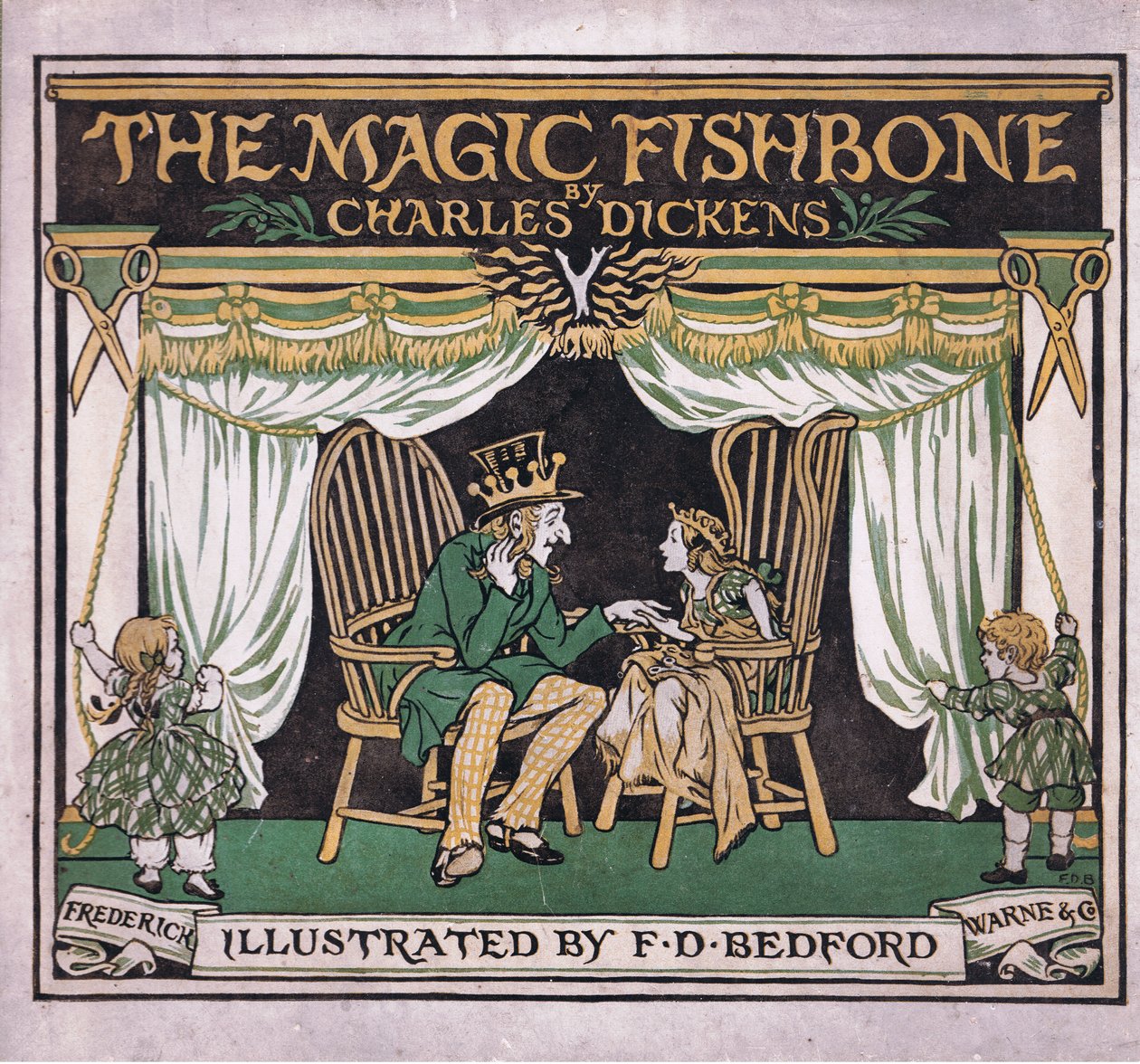 Titelbildgestaltung, aus Der magische Fischknochen, veröffentlicht von Warne & Co, um 1940 von Francis Donkin Bedford