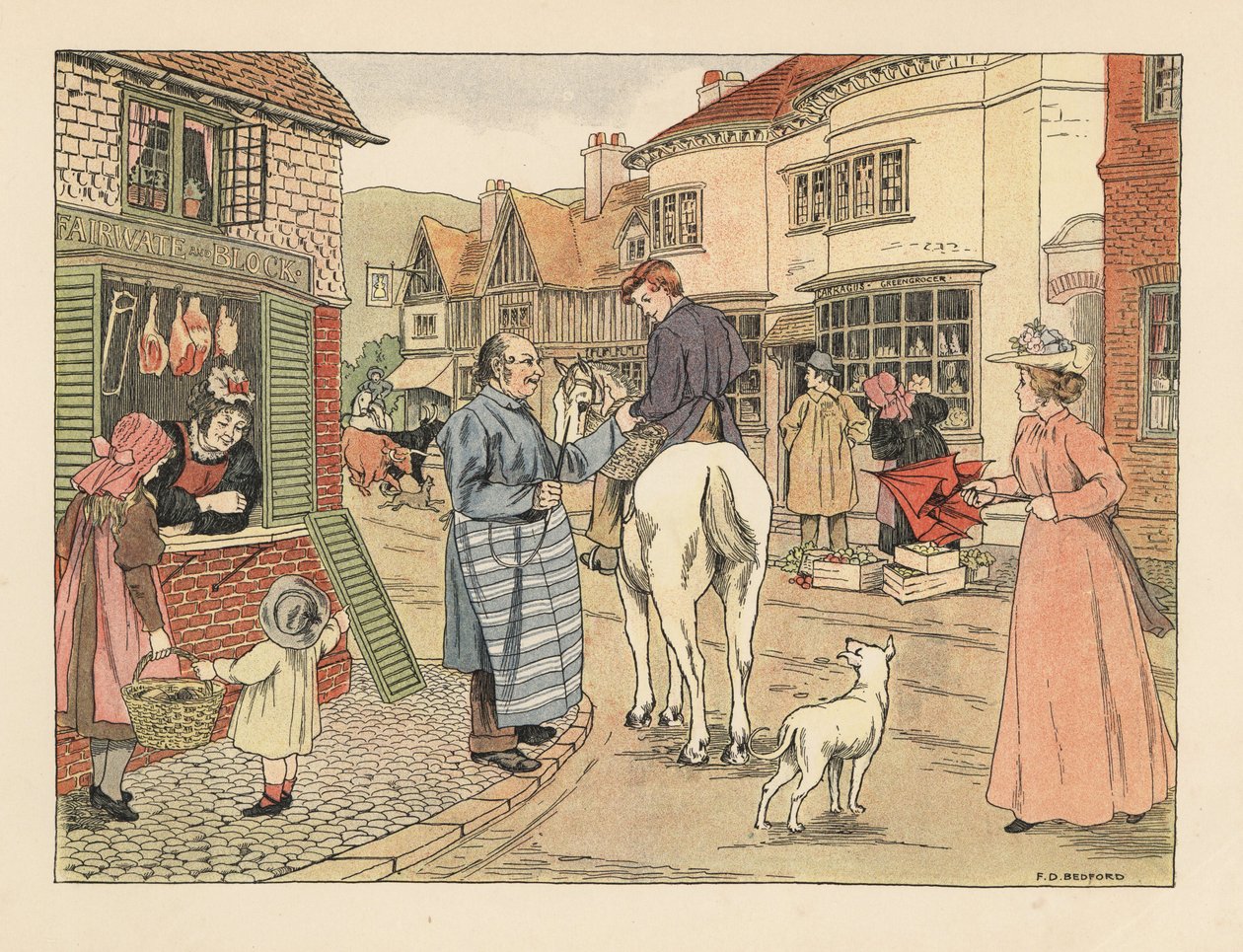 Viktorianischer Metzger und Metzgerjunge zu Pferd in einer Dorfstraße. Chromolithographie nach einer Illustration von Francis Donkin Bedford aus Edward Verrall Lucas