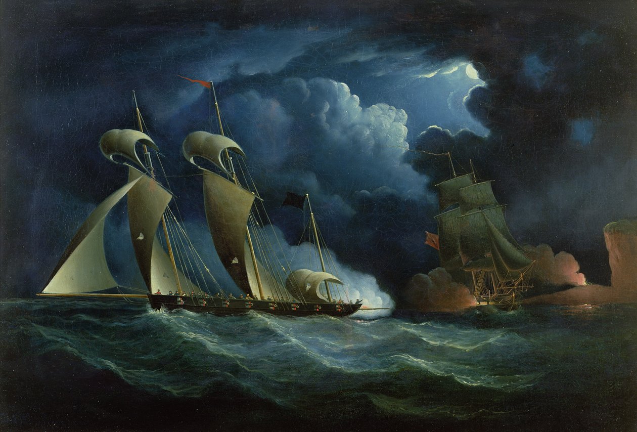 Ein Zollschiff im Kampf mit dem Piratenlugger Will Watch von Francis Hustwick