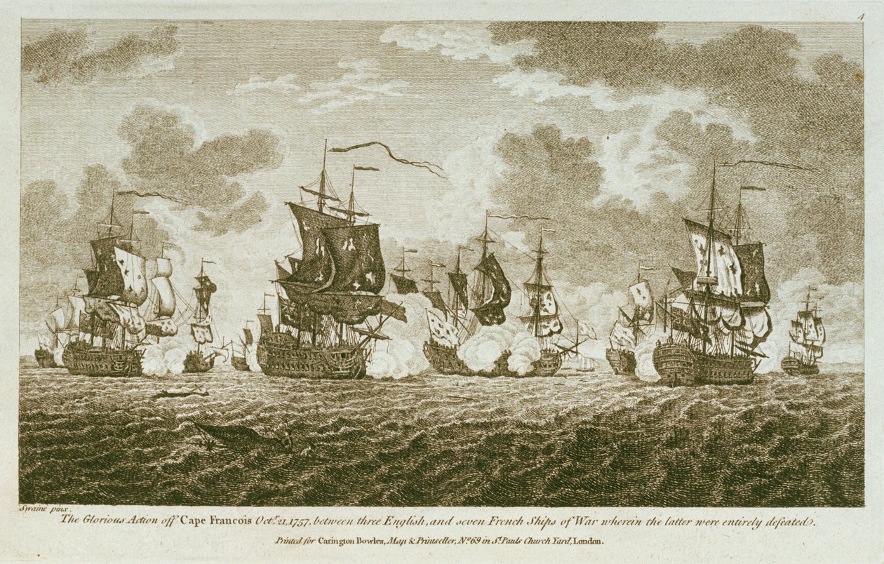 Zwölf Drucke von Seegefechten. Die glorreiche Aktion vor Kap Francois am 21. Oktober 1757, zwischen den Engländern und sieben französischen Kriegsschiffen, bei der letztere vollständig besiegt wurden. von Francis Swaine