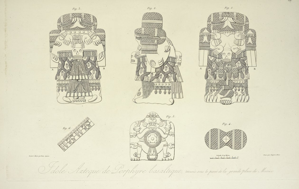 Aztekisches Idol aus basaltischem Porphyr, gefunden unter der Grand Plaza von Mexiko-Stadt, graviert von Cloquet, Illustration aus 