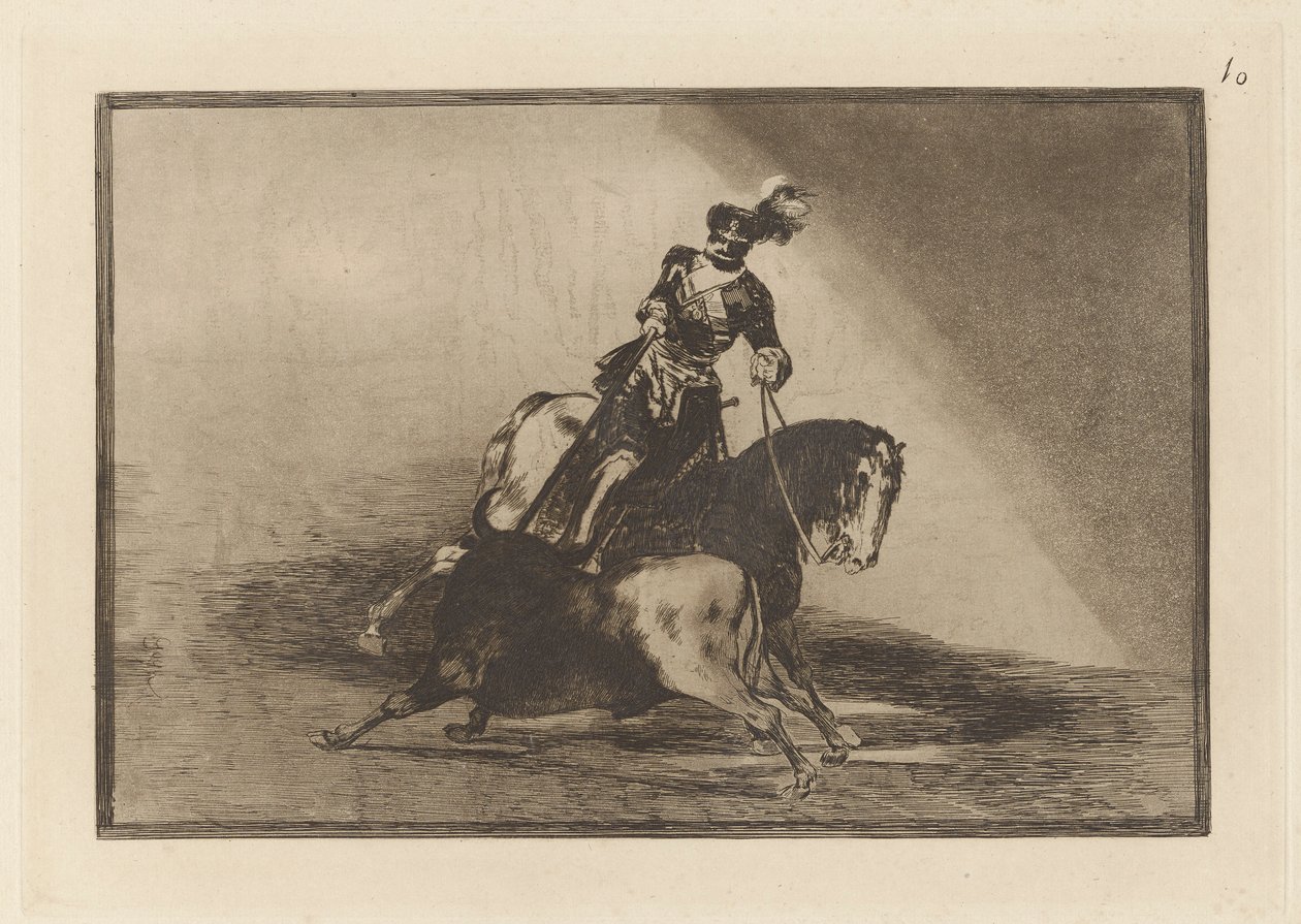 Karl V. speert einen Stier in der Arena von Valladolid, Platte 10 aus La tauromaquia von Francisco de Goya