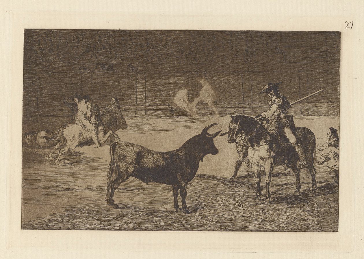 Der berühmte Picador, Fernando del Toro, zieht das wilde Tier mit seiner Lanze an, Tafel 27 aus La tauromaquia von Francisco de Goya