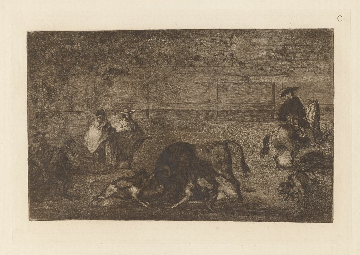 Les chiens laches sur le taureau (Die Hunde auf den Stier losgelassen), Platte C aus La tauromaquia (dritte Ausgabe) von Francisco de Goya