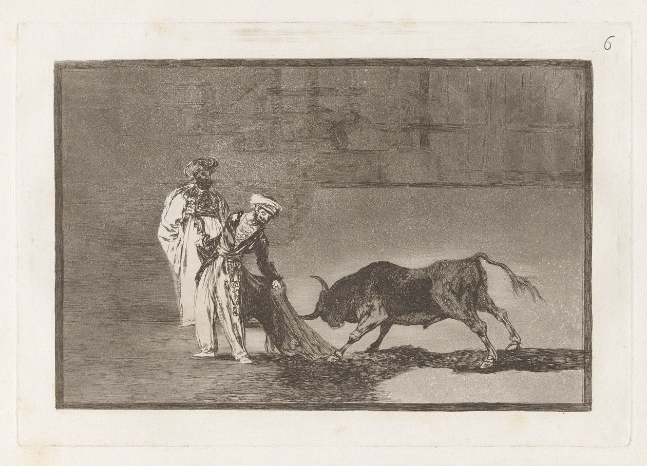 Die Mauren machen ein anderes Spiel im Ring und rufen den Stier mit ihrem Burnous (La tauromaquia) von Francisco de Goya