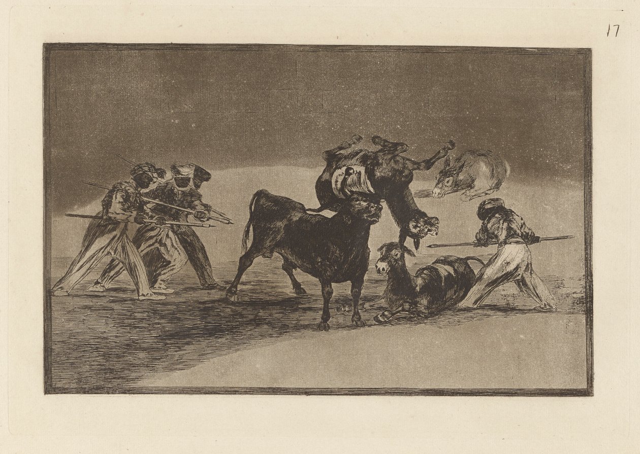 Die Mauren benutzen Esel als Barriere, um sich gegen den Stier zu verteidigen, dessen Hörner mit Kugeln versehen sind, Platte 17 aus La tauromaquia von Francisco de Goya
