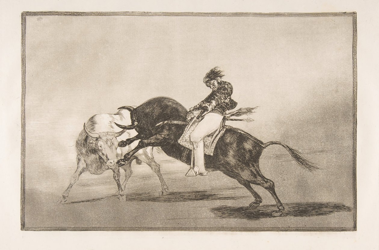 Platte 24 der Tauromaquia: Der gleiche Ceballos, auf einem anderen Stier reitend, bricht kurze Speere von Francisco de Goya