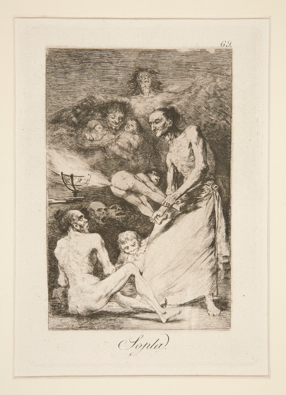 Sopla (Blasen), Tafel 69 aus der Serie Los caprichos von Francisco de Goya