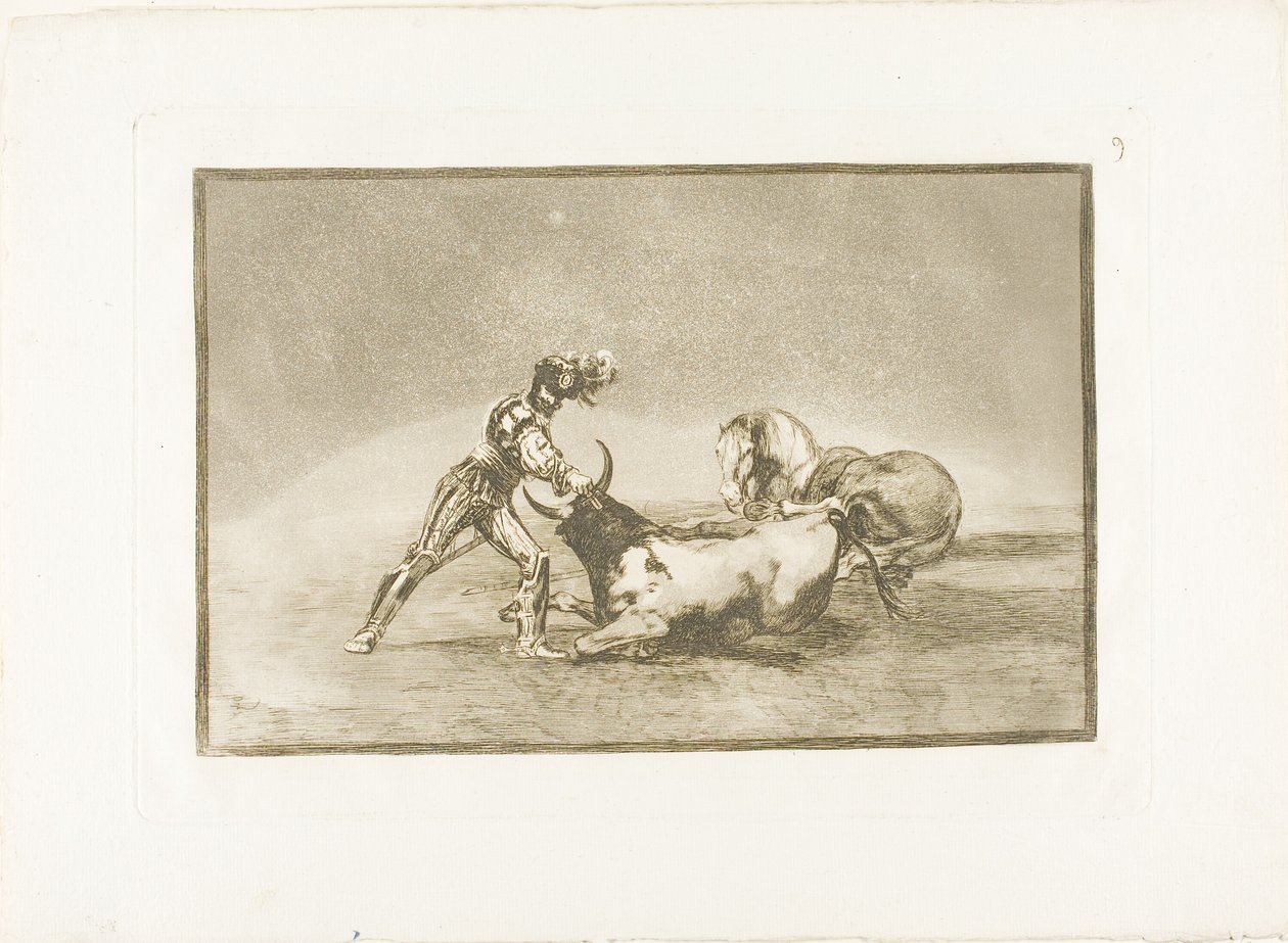 Ein spanischer Ritter tötet den Stier, nachdem er sein Pferd verloren hat, Platte neun aus Die Kunst des Stierkampfs von Francisco Jose de Goya y Lucientes