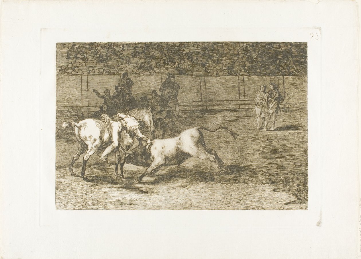 Mariano Ceballos, alias der Indianer, tötet den Stier von seinem Pferd aus, Platte 23 aus Die Kunst des Stierkampfs von Francisco Jose de Goya y Lucientes