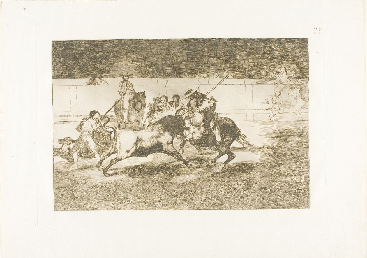Der kraftvolle Rendón sticht einen Stier mit der Pique, aus der er im Ring in Madrid starb, Platte 28 aus Die Kunst des Stierkampfs von Francisco Jose de Goya y Lucientes