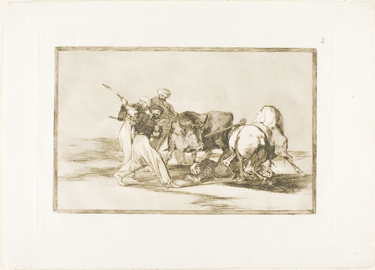 Die Mauren hatten sich in Spanien niedergelassen, gaben die Aberglauben des Korans auf, übernahmen diese Jagdkunst und spießen einen Stier im Freien auf, Platte drei aus Die Kunst des Stierkampfs von Francisco Jose de Goya y Lucientes