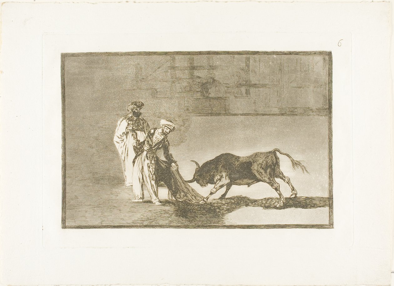Die Mauren machen ein anderes Spiel im Ring und rufen den Stier mit ihrem Burnous, Platte sechs aus Die Kunst des Stierkampfs von Francisco Jose de Goya y Lucientes