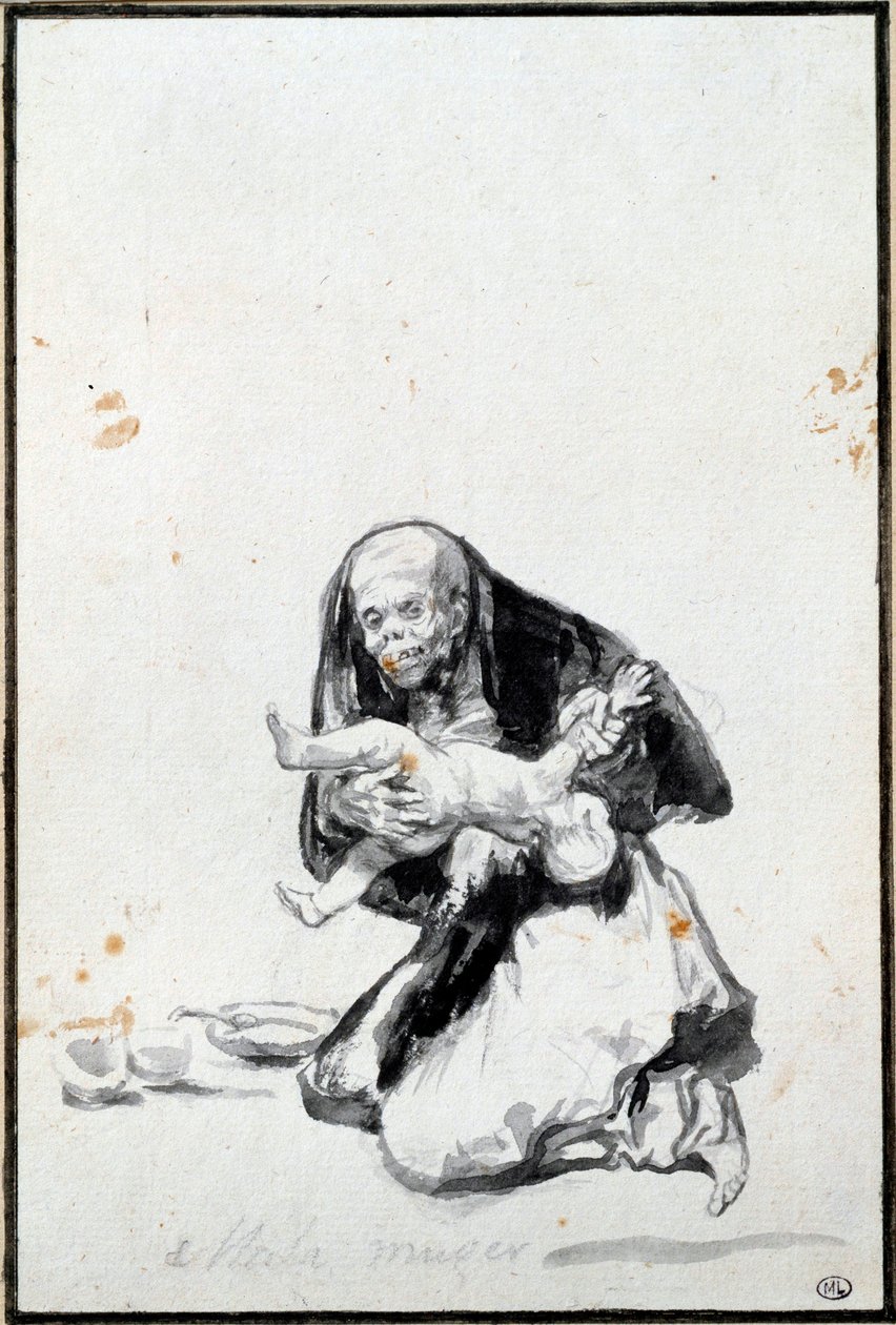 Die böse Frau (Mala mujer). Die böse Frau. Anthropophagie-Szene, eine Hexe verschlingt ein Kind von Francisco de Goya