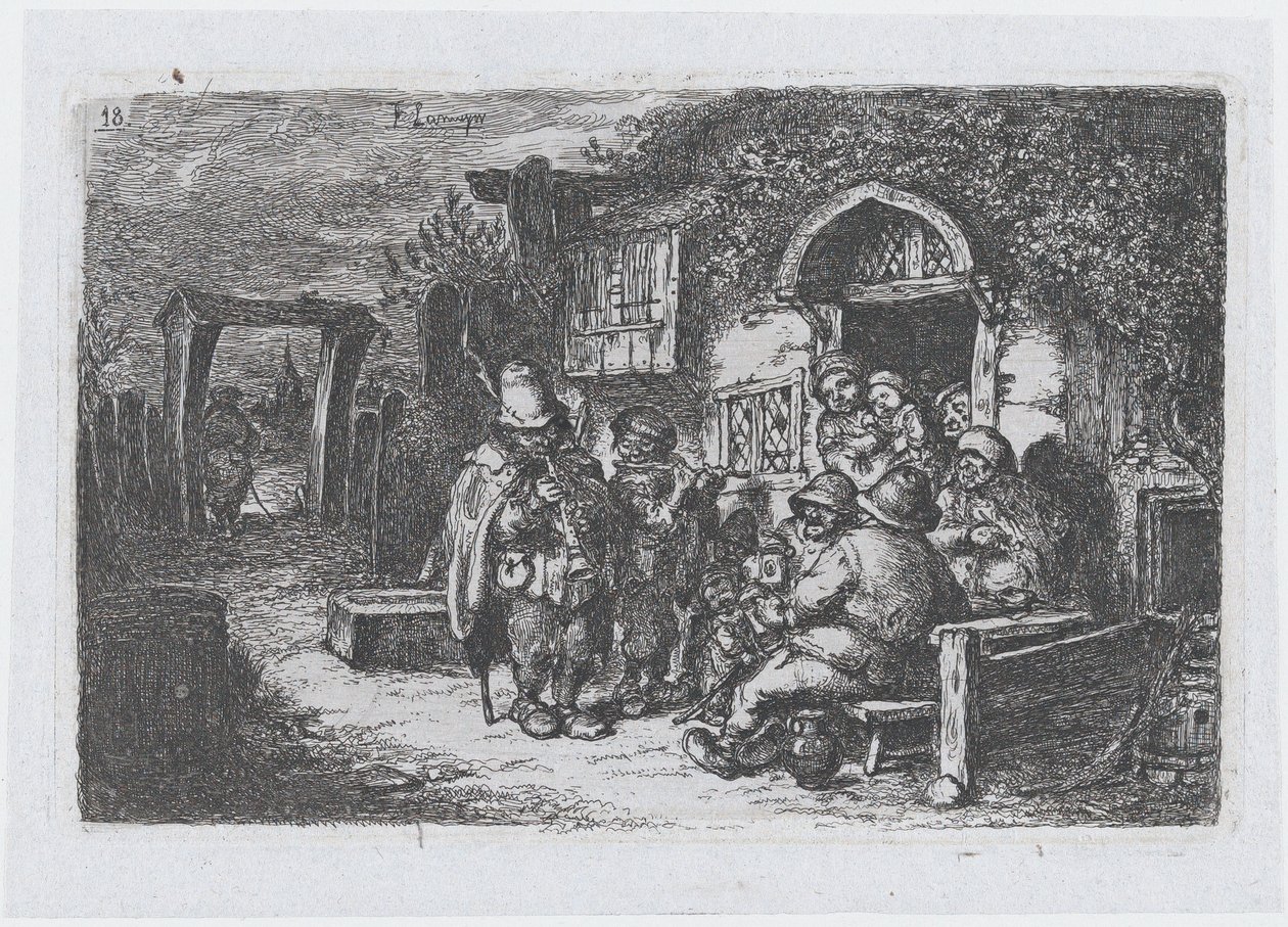Tafel 18: Straßenmusiker und andere Figuren vor einer Taverne, aus der Serie der Bräuche ..., 1850 von Francisco Lameyer Berenguer