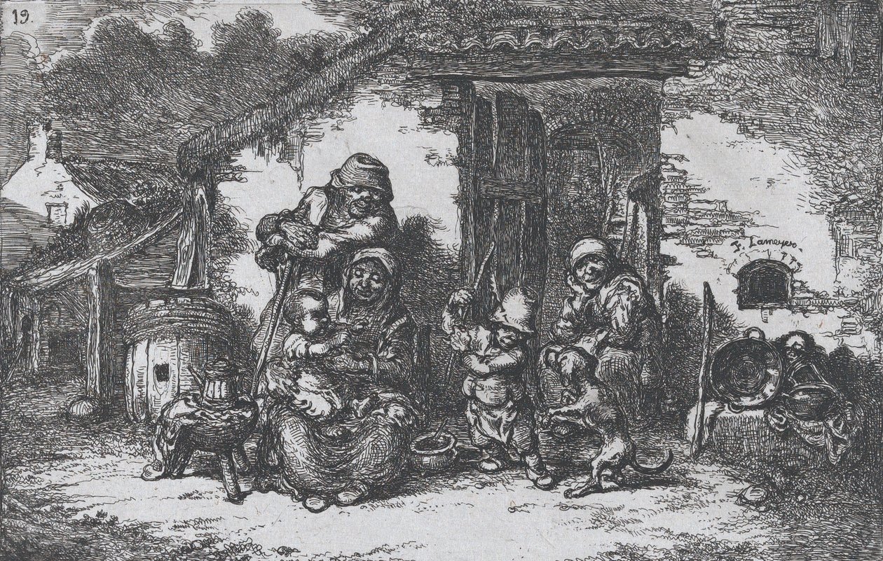 Tafel 19: eine Familie und ein Junge spielen mit einem Hund vor einem Haus, aus der Serie der Bräuche von Francisco Lameyer Berenguer