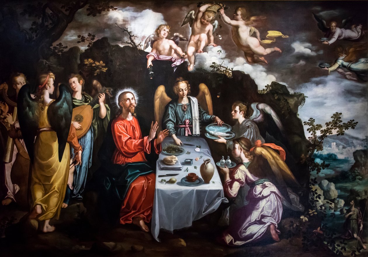 Christus wird von den Engeln in der Wüste bedient von Francisco Pacheco