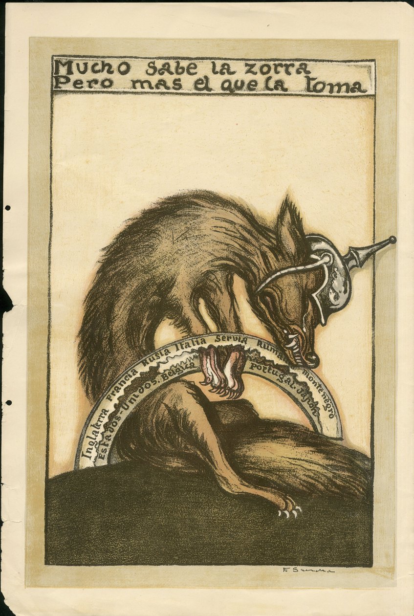 Illustration von Francisco Sancha Lengo (1874-1936) - Flugblatt, ca. 1915 - Mucho sabe la zorra pero mal el que la toma - Krieg von 14-18, Deutschland Preußen, Kriegführende und Symbole, Alliierte, Spanische Sprache, Ausländische Presse - Fuchs -, Behinder von Francisco Sancha y Lengo