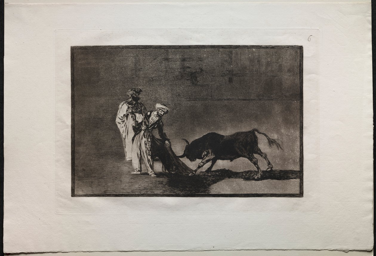 Stierkämpfe: Die Mauren machen ein anderes Spiel im Ring und rufen den Stier mit dem Burnous, 1876 von Francisco de Goya