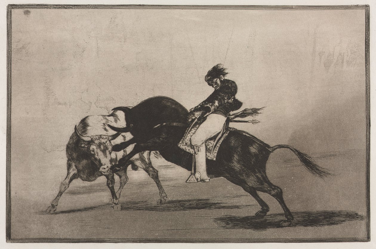 Stierkämpfe: Der gleiche Ceballos auf einem anderen Stier bricht kurze Speere im Ring, 1876 von Francisco de Goya