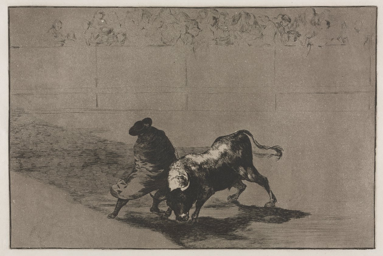 Stierkämpfe: Der sehr geschickte Student von Falces, in seinen Umhang gehüllt, trickst den Stier aus..., 1876 von Francisco de Goya