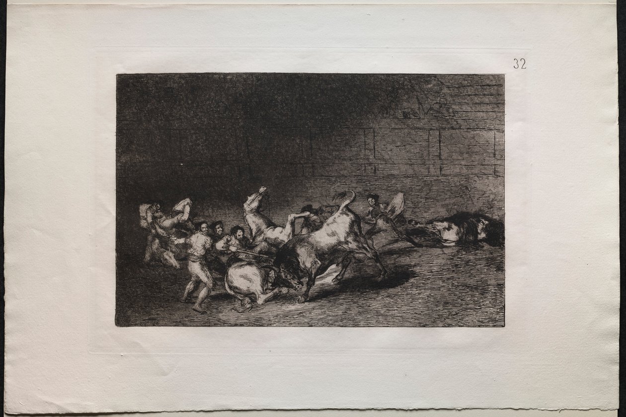 Stierkämpfe: Zwei Teams von Picadors nacheinander von einem einzigen Stier geworfen, 1876 von Francisco de Goya
