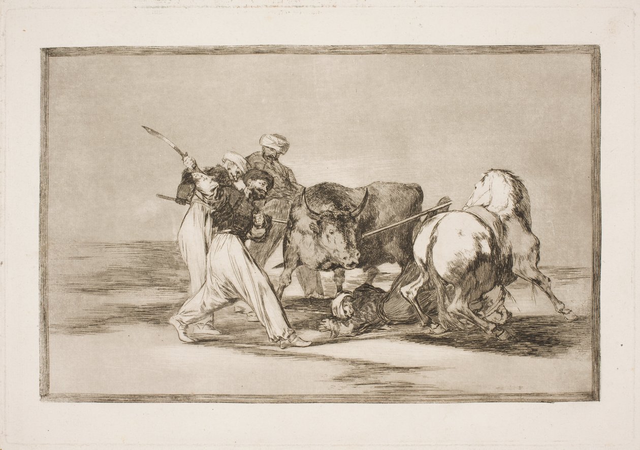 Die Mauren, die sich in Spanien niederließen und den Aberglauben des Korans aufgaben, eigneten sich diese Kunst an, einen Stier auf der Ebene zu jagen und zu spießen von Francisco de Goya