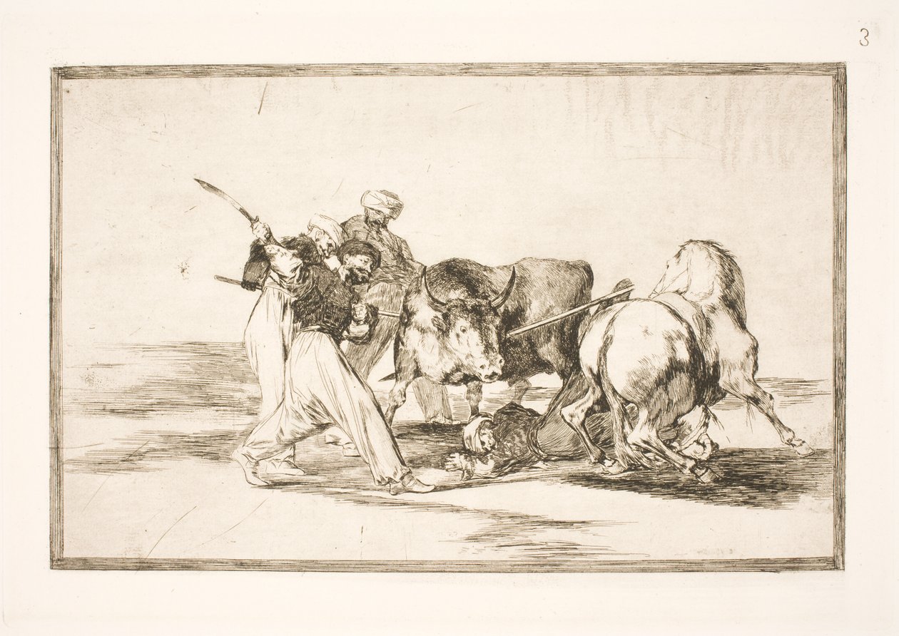 Die Mauren, die sich in Spanien niederließen und den Aberglauben des Korans aufgaben, eigneten sich diese Kunst an, einen Stier auf der Ebene zu jagen und zu spießen von Francisco de Goya