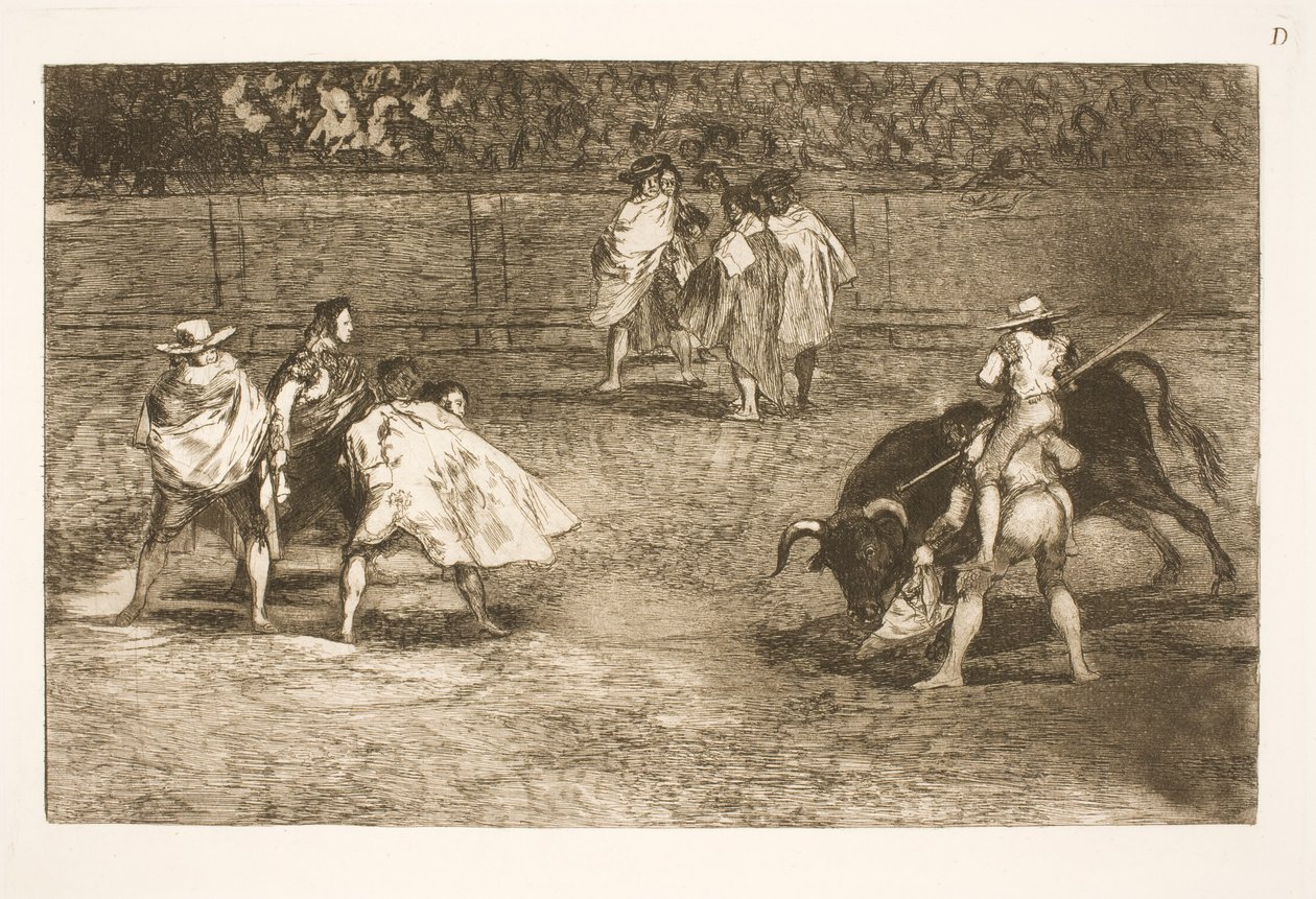 Ein Stierkämpfer, auf den Schultern eines Helfers sitzend, sticht einen Stier von Francisco de Goya