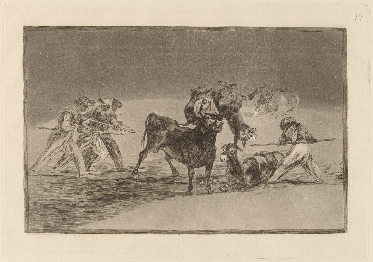 Die Mauren benutzen Esel als Barriere, um sich gegen den Stier zu verteidigen, dessen Hörner mit Kugeln versehen sind von Francisco de Goya