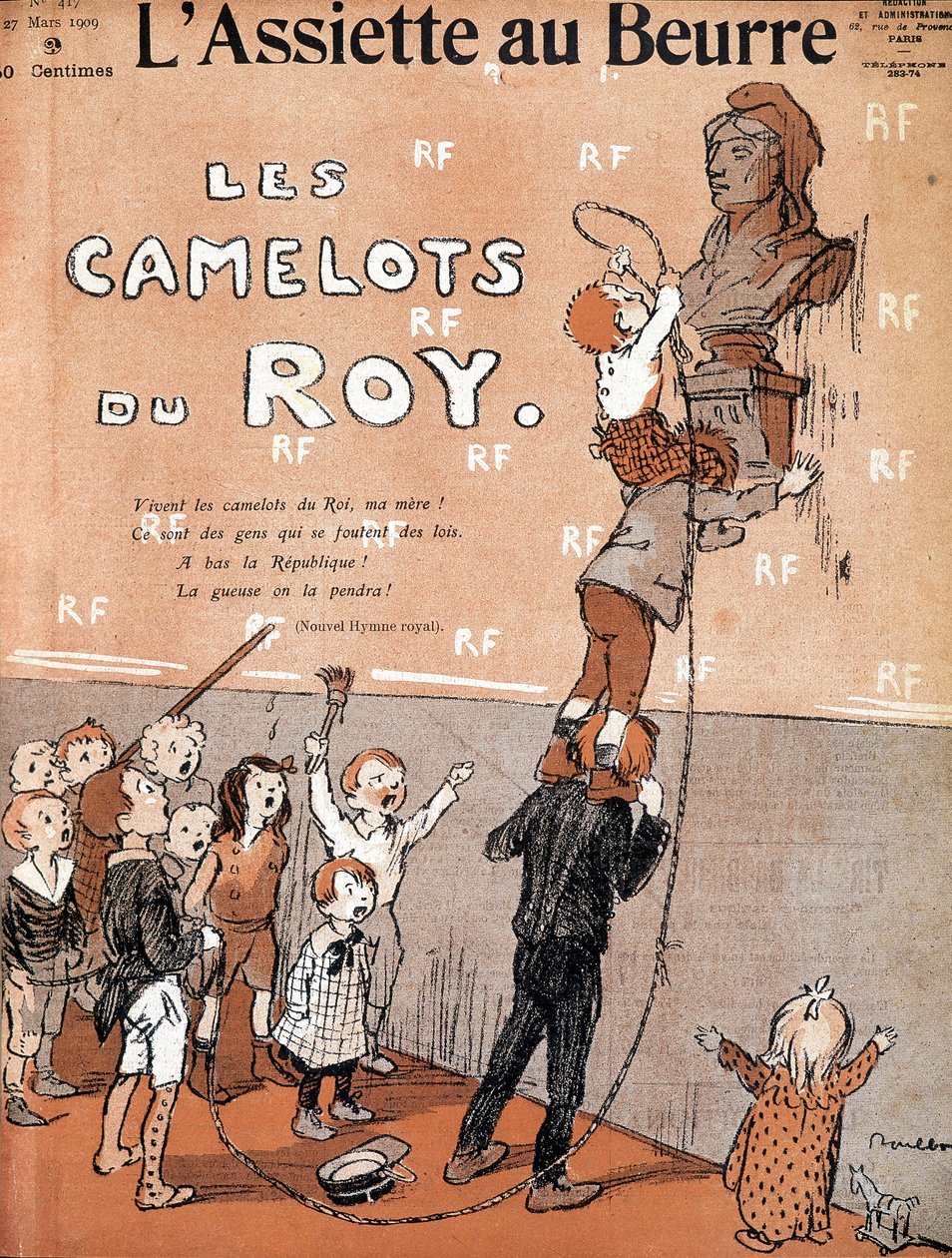 Kinder stürzen eine Büste von Marianne, indem sie ein ironisches Lied zugunsten der royalistischen Kampfgruppe singen. Illustration von Francisque Poulbot, 1909 von Francisque Poulbot