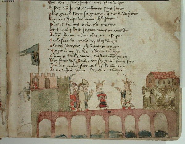 Ms Est 27 W 8.17 f.2r Ein Treffen auf einer Brücke, aus Der Krieg von Attila von Nicola da Casola von Franco Italian School