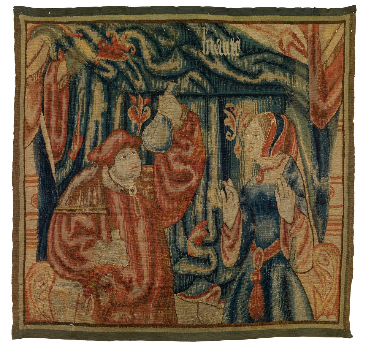 Wandteppichfragment, das ein Interieur mit Arzt und Frau darstellt, Beaute, französisch oder flämisch, hergestellt im frühen 16. Jahrhundert von Franco Flemish School