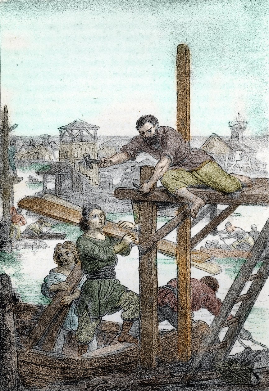 Gründung von Venedig durch die von den Hunnen Attilas vertriebenen Flüchtlinge, 5. Jahrhundert, Zeichnung aus 