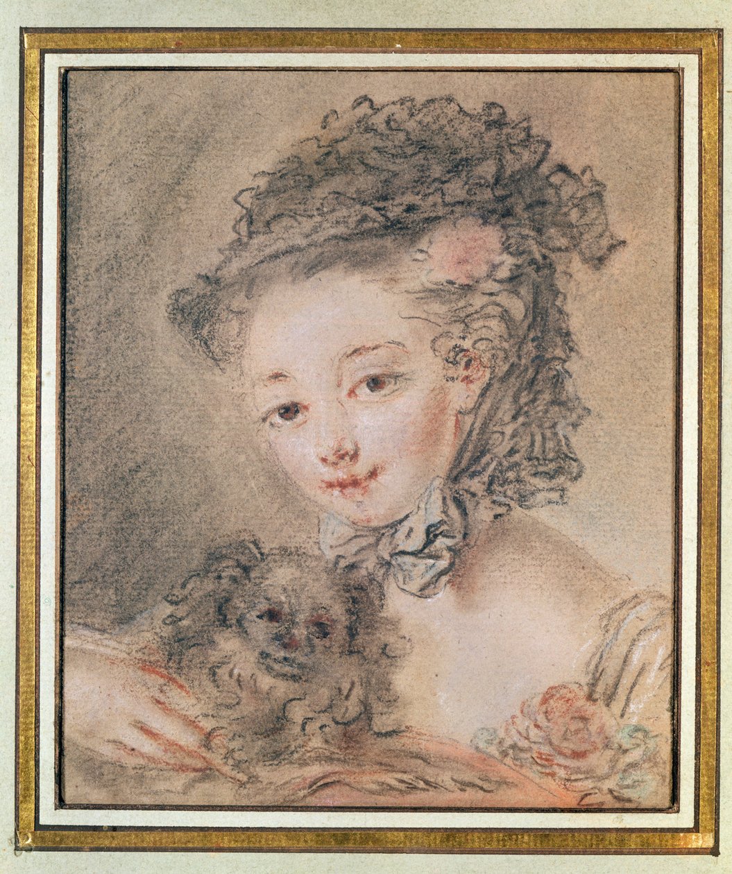 Junges Mädchen mit kleinem Hund (Kohle und Rötel auf Papier) von François Boucher