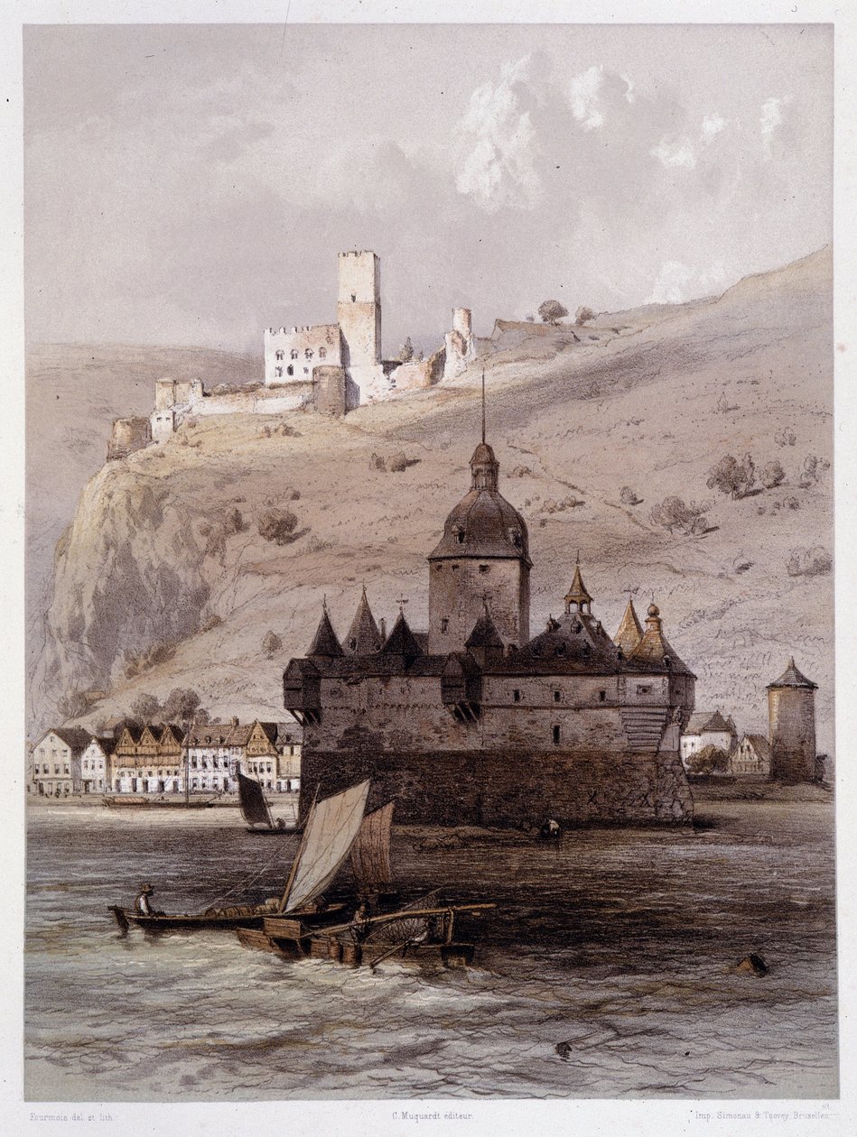 Schloss Pfalz, Deutschland. In „The monumental and picturesque Rhine“. Lithographien von Fourmais und Stroobant von Francois Stroobant