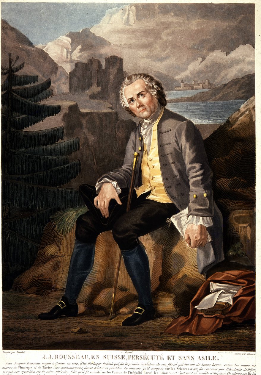 Jean Jacques Rousseau in der Schweiz, verfolgt und ohne Asyl. Aquatinta von Charon nach Boucher. 19. Jahrhundert. Paris, Musée Carnavalet. von Francois (after) Boucher
