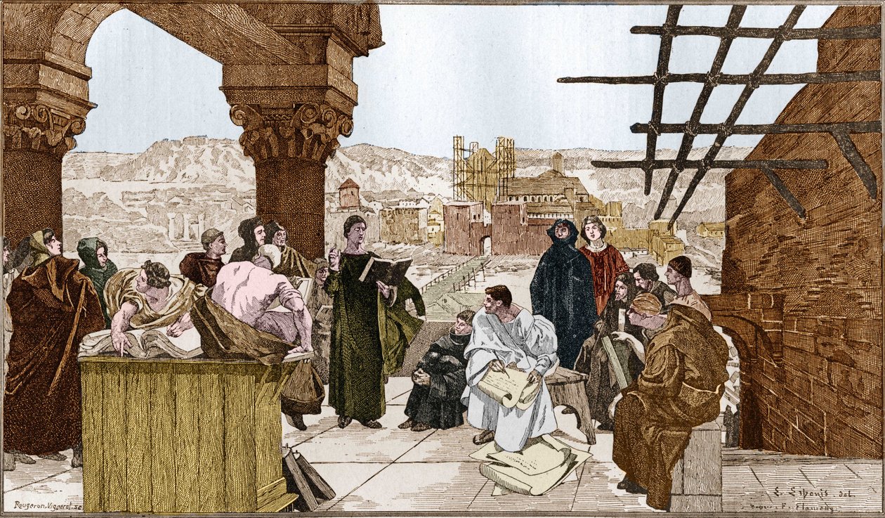 Pierre Abélard (1079-1142), französischer Philosoph und Theologe und seine Schule auf dem Sainte-Geneviève-Berg. Nach dem Fresko von François Flameng. von Francois (after) Flameng