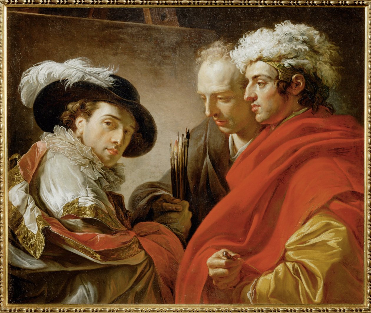 Porträt von drei Männern: Der Maler mit Hut und Feder, der Architekt Pierre Rousseau und ein anonymer Freund von François André Vincent
