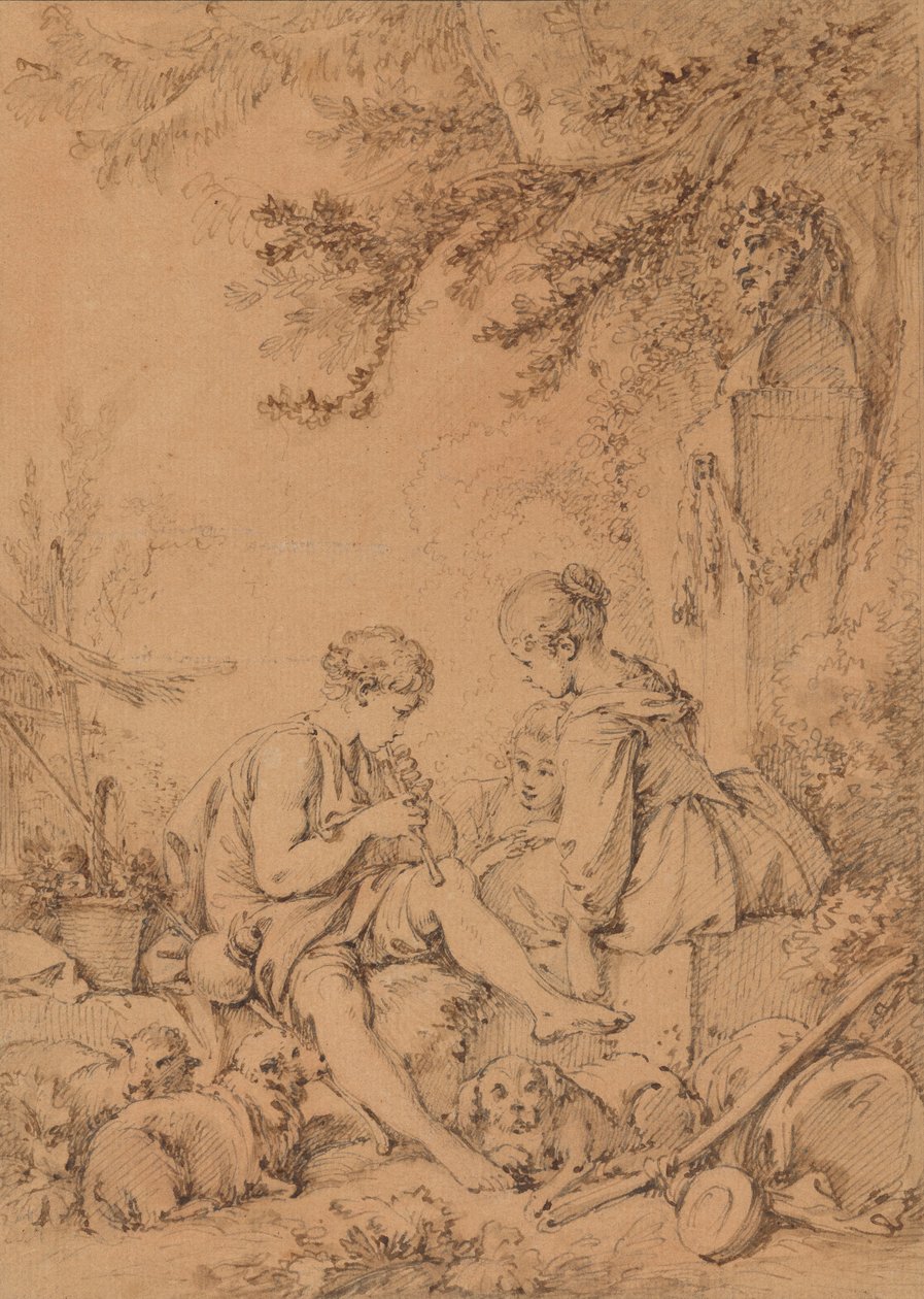 Ein junger Schäfer spielt Flöte für zwei junge Schäferinnen von François Boucher