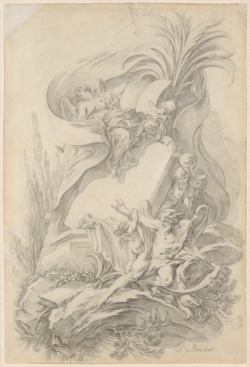 Entwurf für ein Frontispiz: Die Liebe hält die Hand der Zeit auf von François Boucher