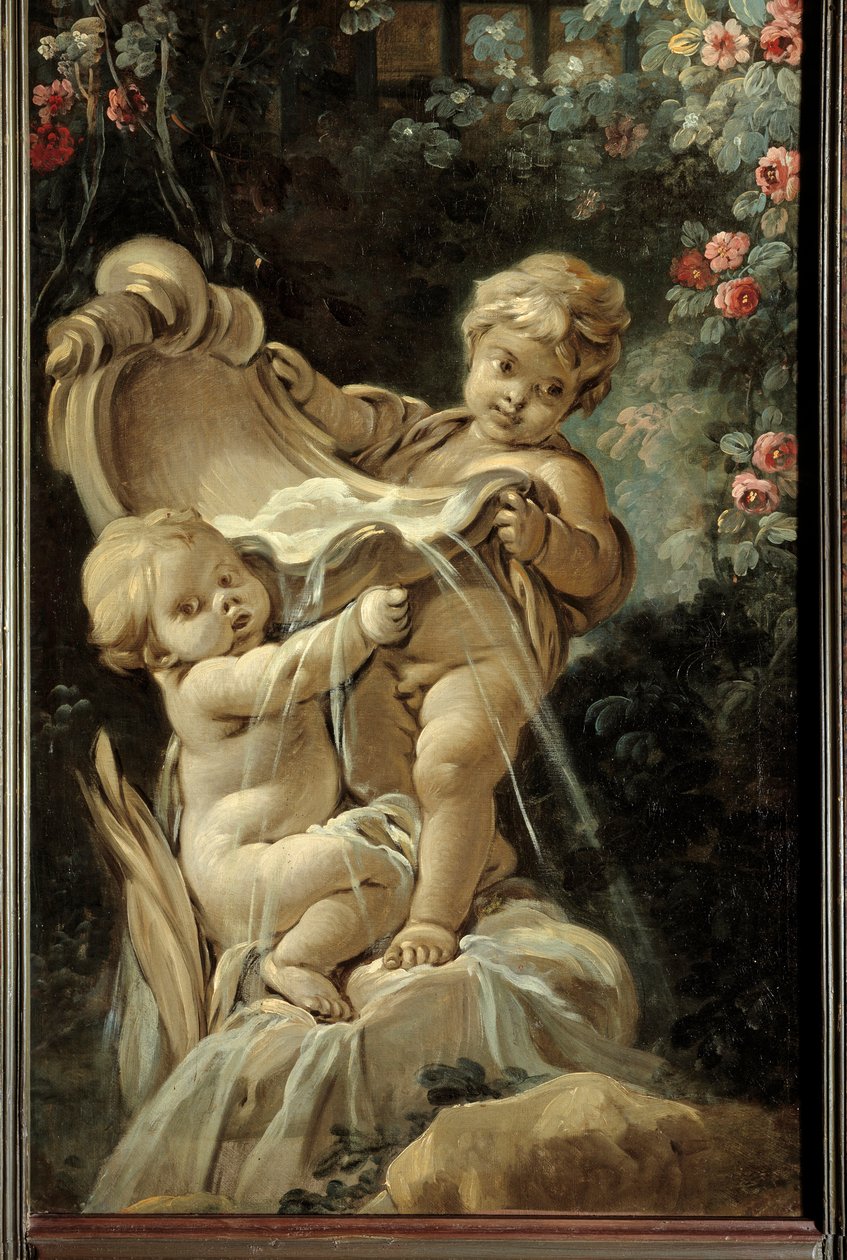 Türpaneel des Wohnzimmers Demarteau: Brunnen mit zwei Liebenden, von denen einer kniet. Gemälde von François Boucher (1703-1770) von François Boucher