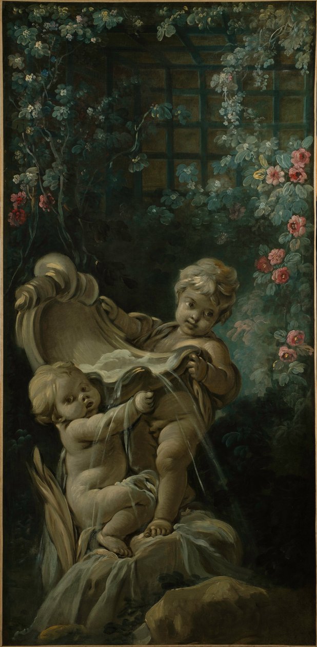 Brunnen mit zwei Amoretten, von denen eine kniet von François Boucher