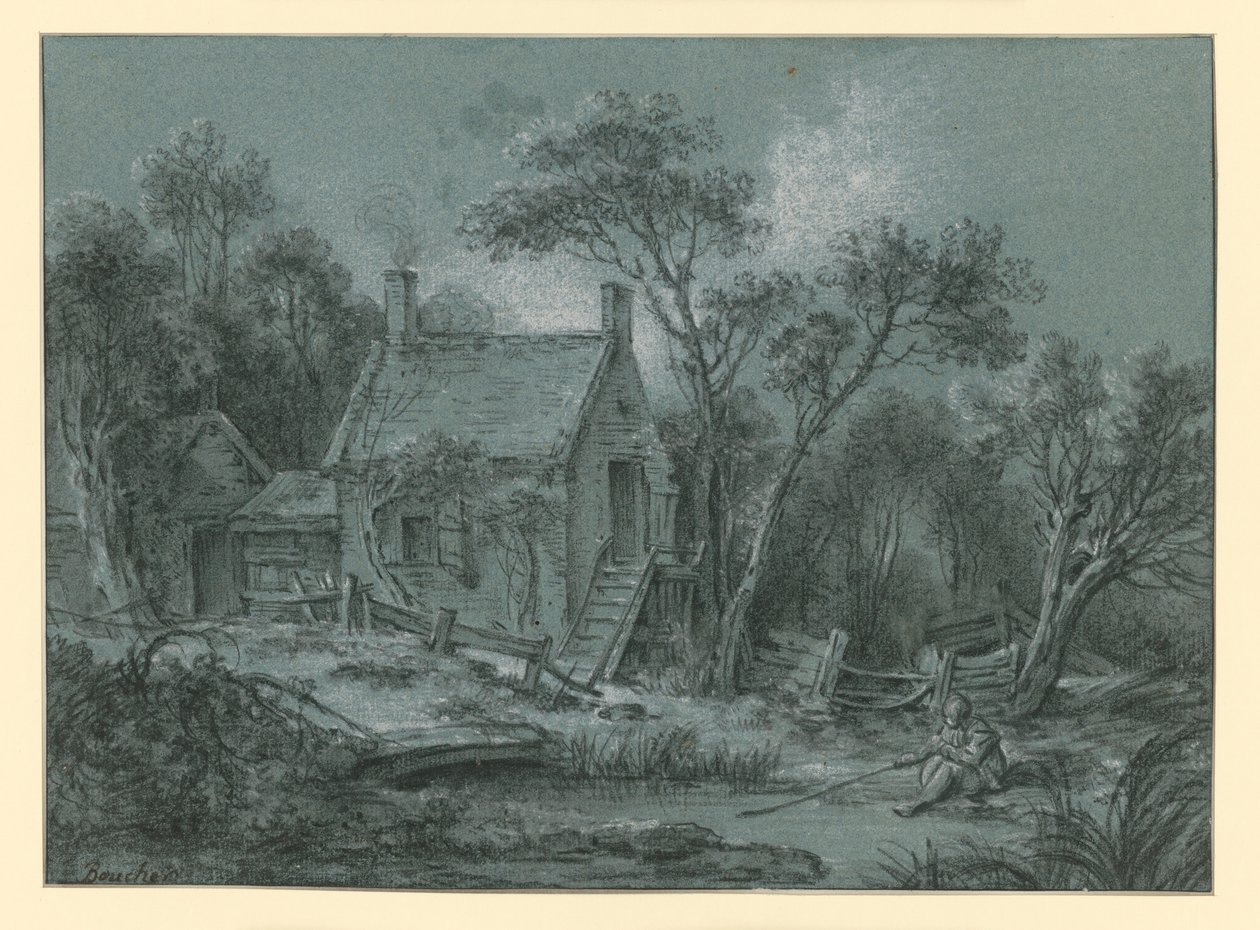 Haus mit Treppe zwischen Bäumen, davor ein Angler von François Boucher