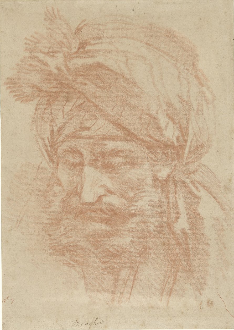 Kopf eines bärtigen Orientalen mit Turban, von vorne, nach unten blickend von François Boucher